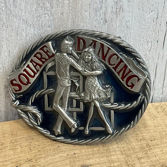 CJ Inc Square Dancing Belt Buckle Enamel Western Rope Framed Made in USA - Picture 1 of 6